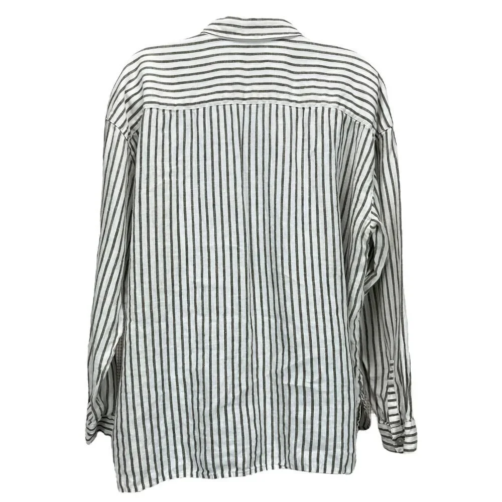 J. Jill Women's XL Petite Love Linen White/Gray Striped Long‎ Sleeve Shirt